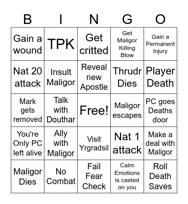 Maligor Session Bingo Card