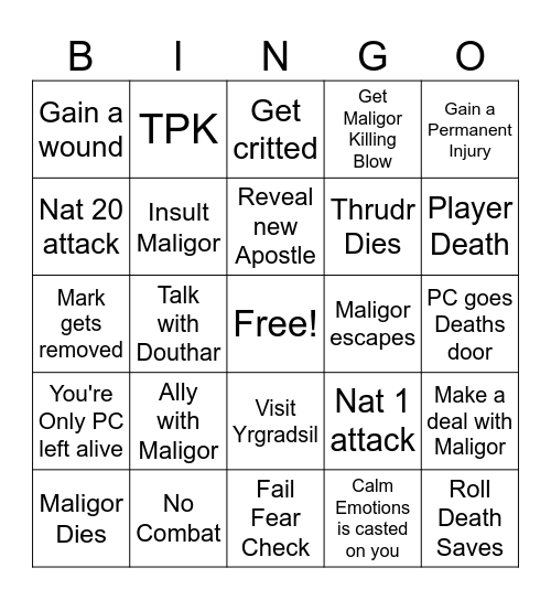 Maligor Session Bingo Card