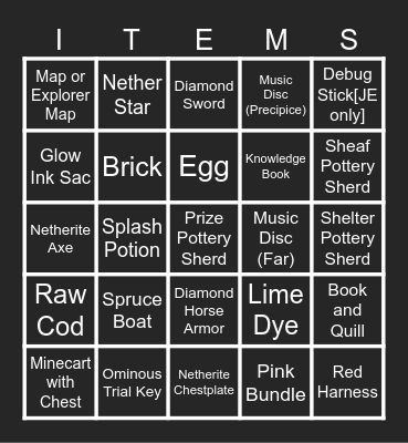 Minecraft Item Bingo Card