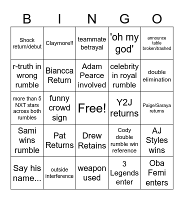 Royal Rumble Bingo Card