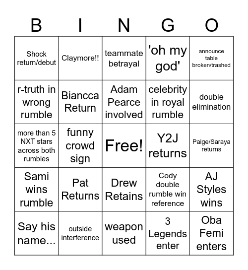 Royal Rumble Bingo Card