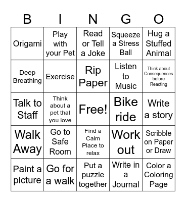 Anger Coping Skills BINGO Card