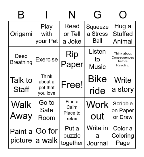 Anger Coping Skills BINGO Card