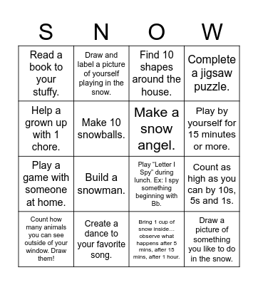 Preschool Snow Day Bingo Card