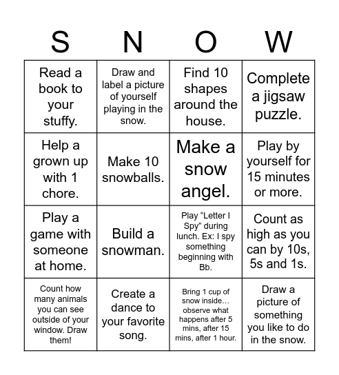 Preschool Snow Day Bingo Card