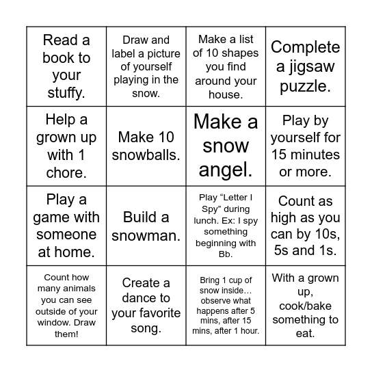 Snow Day Bingo Fun!!!! Bingo Card
