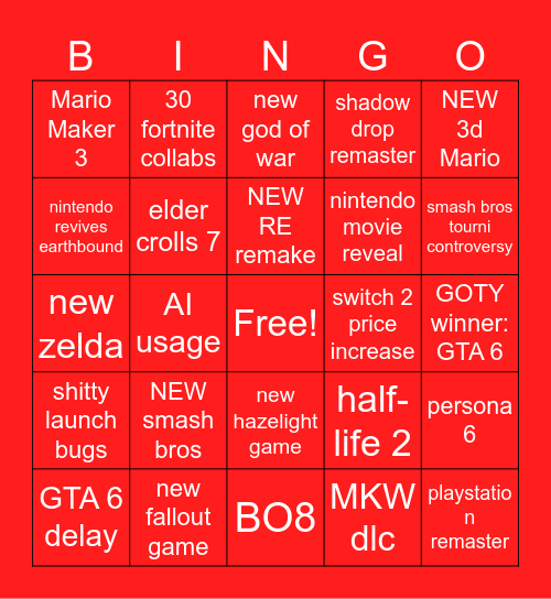 Gaming Bingo Card 2026 Bingo Card