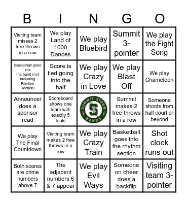 Basketball Band Bingo Card