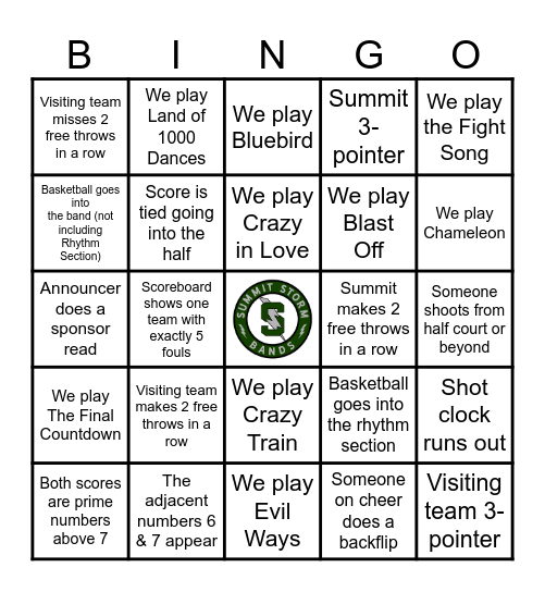 Basketball Band Bingo Card
