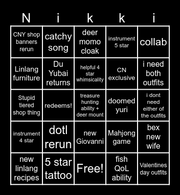 Nikki 2.2 Bingo Card