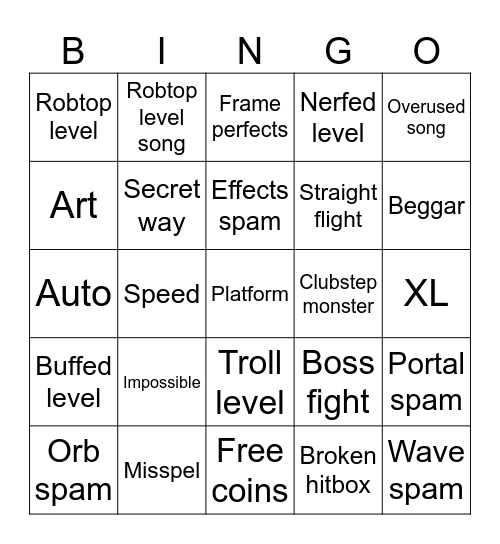 Geometry Dash Bingo Card