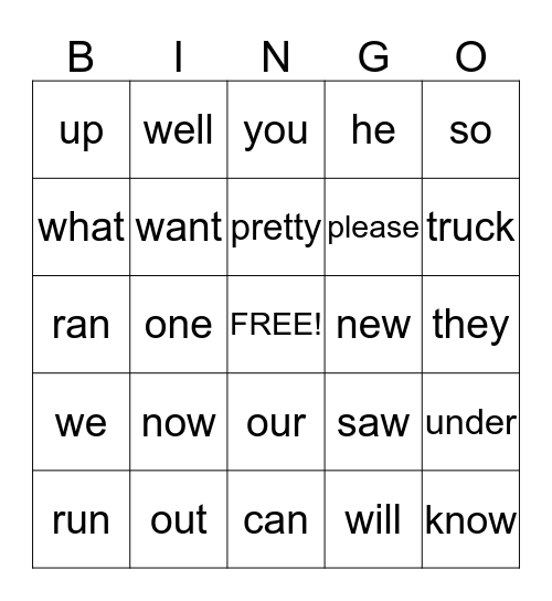 Sight Words Bingo Card