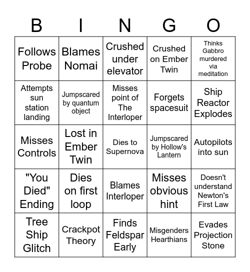 Outer Wilds Playthrough Bingo Card