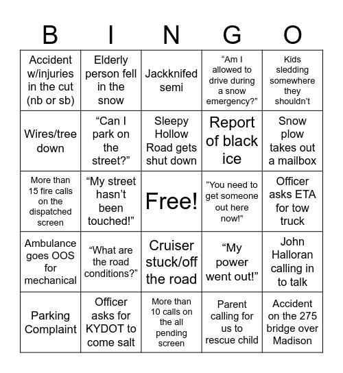 SNOWMAGEDDON 2026 Bingo Card