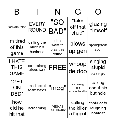 tanner "chudmuffin" bingo card Bingo Card