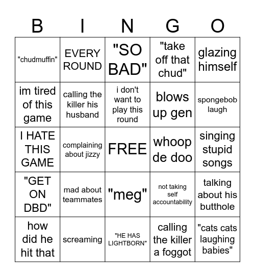 tanner "chudmuffin" bingo card Bingo Card