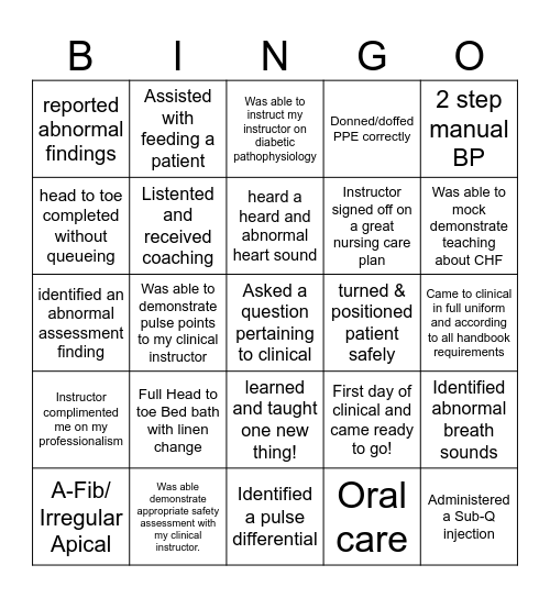 Clinical Bingo PN121 Bingo Card