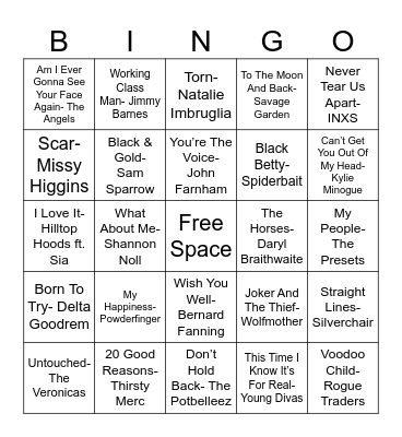 Aussie Music Bingo Card