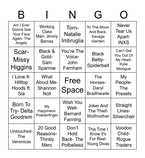 Aussie Music Bingo Card