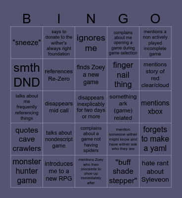 Wither Bingo Card