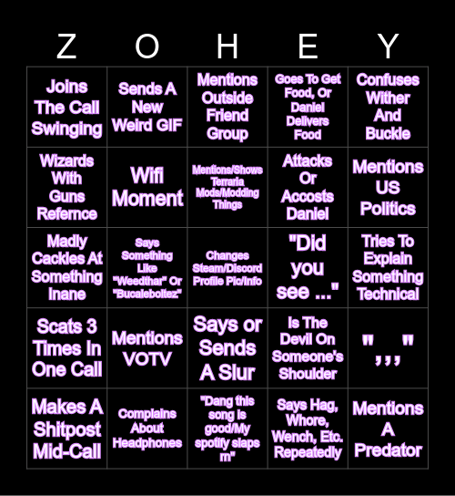 Zoe Bingo Card