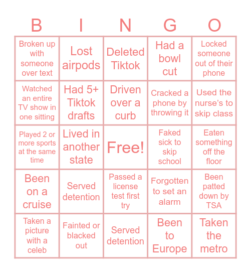 Have I Ever… Bingo Card