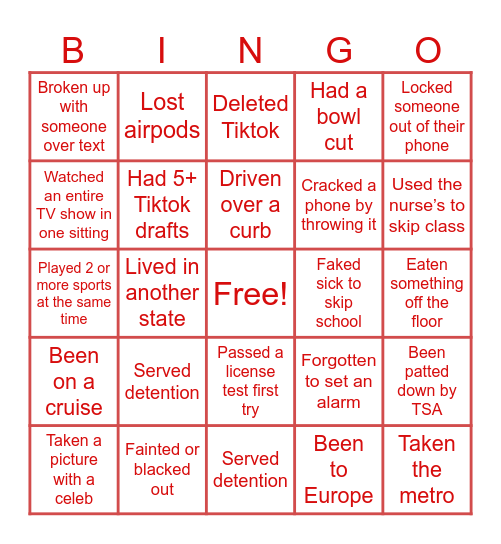 Have I Ever… Bingo Card