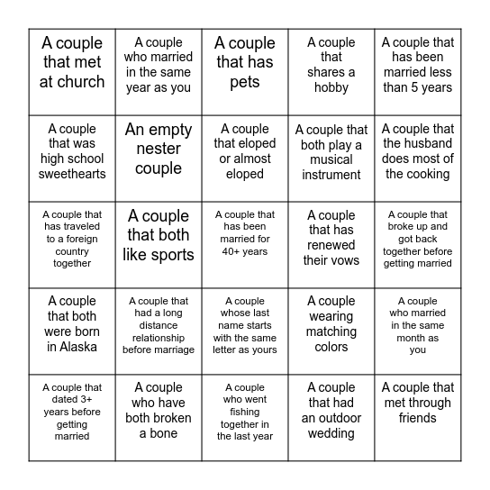 Couples Bingo Card