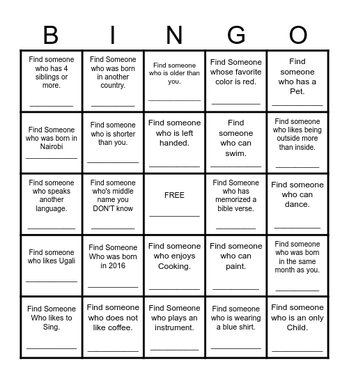 Find Someone Who Bingo Card