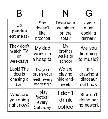 Present Simple&Present Continuous Bingo Card