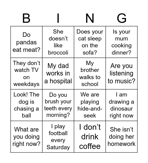 Present Simple&Present Continuous Bingo Card
