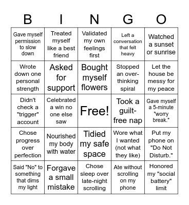Self-Love Bingo Card