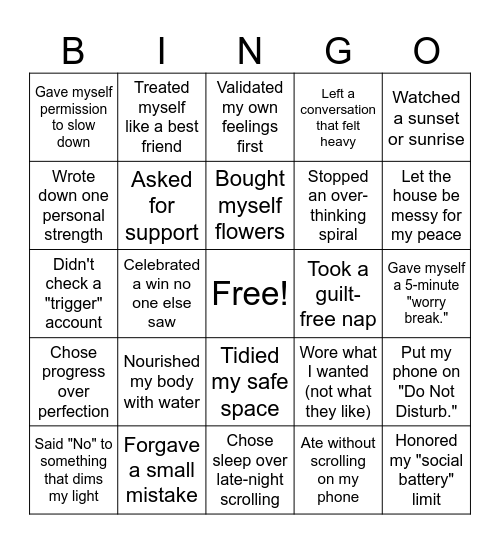 Self-Love Bingo Card