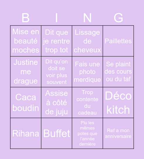 Anniversaire Justine Bingo Card