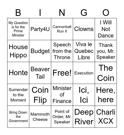 Model Parliament Bingo Card