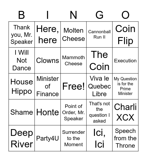 Model Parliament Bingo Card