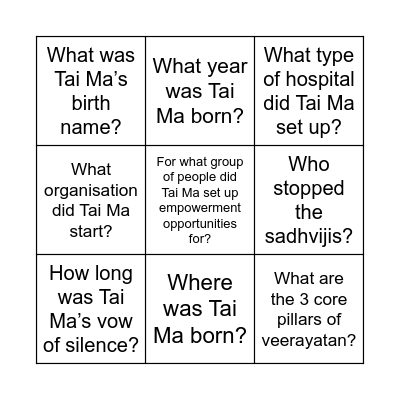 Bingo Quiz! Bingo Card