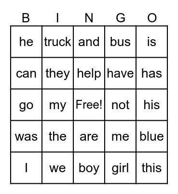 Sight Words Bingo Card