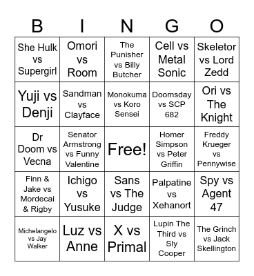 Death Battle 26 Bingo Card