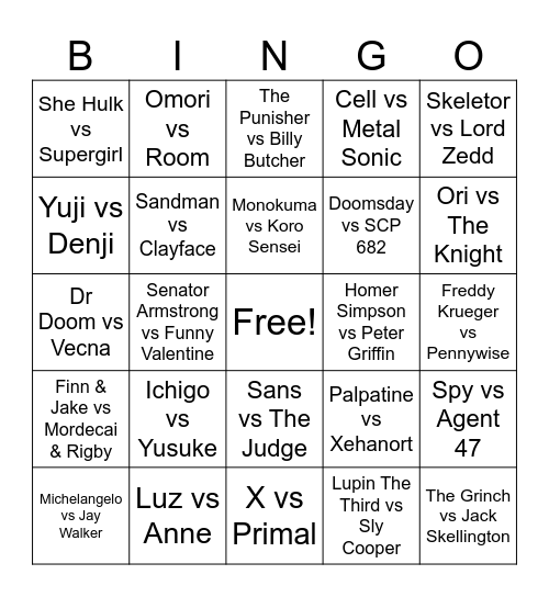 Death Battle 26 Bingo Card