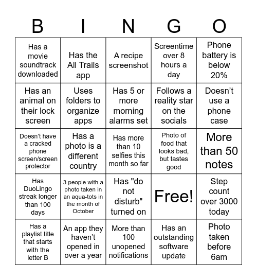 Cell Phone Bingo Card