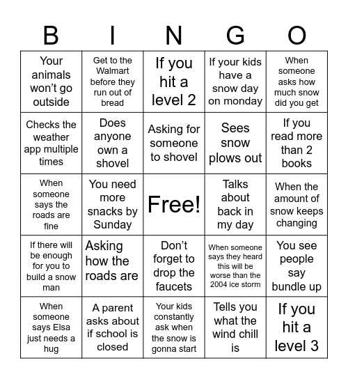 Inclement Bingo Card