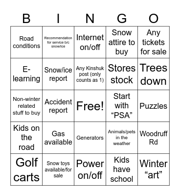 KF Winter Wonderland Bingo Card