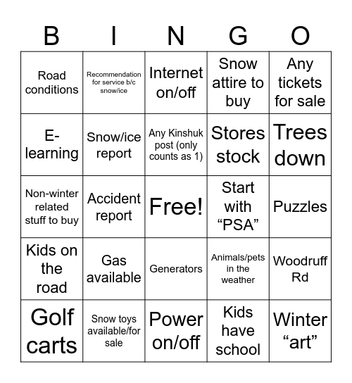 KF Winter Wonderland Bingo Card