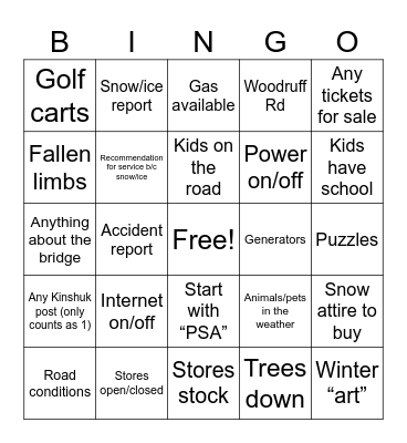 KF Winter Wonderland Bingo Card