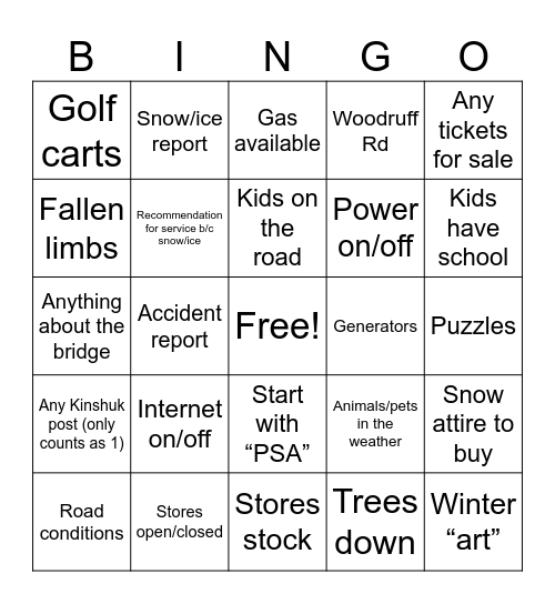 KF Winter Wonderland Bingo Card