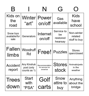 KF Winter Wonderland Bingo Card
