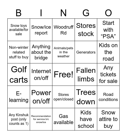 KF Winter Wonderland Bingo Card