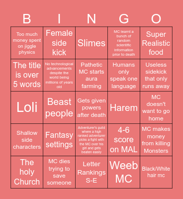Isekai Bingo Card