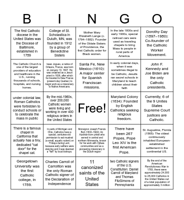 Catholic United States History Bingo Card